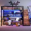 Hochbett mit RGB LED-Streifen, Rausfallschutz, 140x200cm, Treppe mit Regal und Kleiderschrank, Kinderbett, Metallbett Bild 2