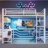 Merax Hochbett, Gamingbett, Metallbett, 140x200cm mit Schreibtisch, LED-Leiste, Aufladen, Weiß Bild 3