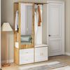 Edles Garderobenset in Weiß- und Holzfarben mit Spiegel, Schuhschrank, Schuhbank mit Haken und ausziehbarer Kleiderstange Bild 5