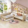 SeedWave Hausbett Kinderbett mit Schubladen und Regalen,Zwei Betten(200x90cm/140x70cm), Dachkonstruktion,Eck-L-förmiges Bett Design,Massivholzrahmen Bild 5