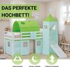 Hochbett Kinder 90x200 cm mit Matratze Rutsche Kinderbett Stockbett Vorhang Tunnel Turm Grün Lattenrost Bild 4