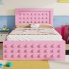 Merax Holzbett Einzelbett 90x200 cm, Kinderbett Jugendbett mit Kreativem Block Design, Massivholz Bettgestell, mit Schubladen, Rosa Bild 2