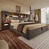 Merax Polsterbett, 160x200 Doppelbett, mit Stauraum, Systembett Beige, LED & 2 Leselampen, 2 integr. Nachttische, USB Type-C Ladeport, Leinenstoff, Grau Bild 3