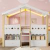 Kinderbett 90x200 cm Hausform Weiß + Natur, Hochbett für Kinderzimmer mit LED-Beleuchtung, 2 Schubladen, Stauraum, Leiter Bild 3
