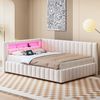 MODFU Polsterbett Daybett Tagesbett Polsterbett Doppelbett Kinderbett Gästebett (mit LED-Licht, USB-Anschluss, Rückenlehne und stabilem Rahmen, für Schlafzimmer & Gästezimmer, 140x200 cm), Ohne Matratze Bild 5