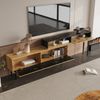 Moderner TV-Ständer mit Marmor- und Holzmaserungsdesign, PVC-Kante, Eisenbeinen, dunkle Holzfarbe, Heimdekoration, platzsparend, langlebig und langlebig Bild 5