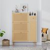 KLAM HOME Schuhschrank Holzwerkstoff Schuhschrank aus Rattan,mit 3 Kipp-Türen und 1 Schublade Massivholzbeinen und Griffen – Maße: B90/H125/T17 cm Bild 3