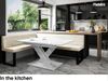MEBLINI Eckbank für Esszimmer mit ausziehbarem Tisch - Küchenbank - Essecke - Sitzecke Küche - TONI - U-Beine 142x196x87cm Links - Creme Samt/B Weiß Hochgl. Bild 2