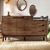 Kommode, Wohnzimmer-Sideboard in Eiche Dekor mit Marmor-Optik Platte, Offene Ablage + 3 Schubladen & Doppeltürschrank (innen höhenverstellbar), Massivholzbeine, MDF + Holz, Eiche + Weiß, 120×40×77 cm Bild 5
