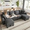 Merax 280cm Chenille U-Form Sofa, 2-Sitzer mit zwei Chaiselongues als Ecksofa, mit zwei Kissen, Chaiselongues mit aufklappbarem Stauraum, multifunktionales modulares Sofa, Grau Bild 2