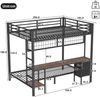 Hochbett, 90*200 und 140*200, Eisenrahmen, Schubladen, Ablagen für Gegenstände, Gitter zum Aufhängen von Gegenständen, Schreibtisch, Mit 7-farbiger LED-Leiste, USB-Anschluss, ohne Matratze, Schwarz Bild 3