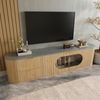 TV-Schrank 172x38x45,5 cm in Naturholzoptik mit 3D-Türen, ovaler Glasvitrine und viel Stauraum Bild 4