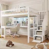 Hochbett mit Schreibtisch, Regal, Schrank, Rausfallschutz und Treppe, 140x200 cm, Kinderbett, Jugendbett, Kiefer Bild 3