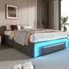 Bettgestell 90X200 mit Schubladen, PU-Leder Bett ohne Kopfteil Mit LED-Lichtleiste, MetalllattenPlattformbett für moderne Schlafzimmer Grau Bild 2