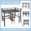 Hochbett, 90*200cm , ohne Matratze, Bett mit Schreibtisch, Mehrere Regale, Geländer, Leiter, Eisenrahmen, Schwarz Bild 2