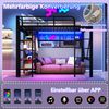 Hochbett, 90 x 200 cm, Eisenrahmen, Ablagefach, Netz zum Aufhängen von Gegenständen, mit Kleiderstange, offener Raum unter dem Bett, mit LED-Lichtleiste, ohne Matratze, schwarz Bild 2