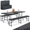 Juskys 'Amberg' Bierzeltgarnitur, 3-tlg, klappbar, 1x Tisch, 2x Bank, Rattan-Optik, Schwarz, 180 x 74 x 74 cm