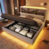 Merax Polsterbett, 140 × 200 cm Doppelbett, mit LED-Lichtleiste, hydraulischer Stauraum, Staufächer, schwebendes Design, USB- und Typ-C-Anschlüsse, Leinen, beige Bild 3