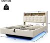 Merax Polsterbett, 140 × 200 cm Doppelbett, mit LED-Lichtleiste, hydraulischer Stauraum, Staufächer, schwebendes Design, USB- und Typ-C-Anschlüsse, Leinen, beige Bild 4
