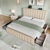 Polsterbett 160×200 cm aus Leinen-Stoff mit USB- und Typ-C-Ladefunktion, beige Bild 1