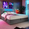 Polsterbett 140×200 cm aus Leinen-Stoff mit LED-Beleuchtung & USB-Typ-C-Anschluss, grau Bild 2