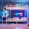 Etagenbett mit RGB LED-Lichterkette, Steckdose, USB, Schreibtisch, Leiter, Regal, Rausfallschutz und Lattenrost, 140x200cm, Metallbett, Kinderbett Bild 2
