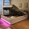 Futonbett mit LED-Beleuchtung, Aufbewahrung und Mehrfachsteckdose, 90x200 cm, Einzelbett ohne Kopfteil, Leinen Bild 2