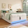 Futonbett mit LED-Beleuchtung, Aufbewahrung und Mehrfachsteckdose, 90x200 cm, Einzelbett ohne Kopfteil, Leinen Bild 4