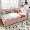 L-förmiges Polsterbett, Schlafsofa 140x200 cm mit geblümter Rückenlehne und Ausziehbett in Rosa Samtstoff Bild 2