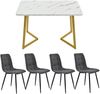 Esstisch 117×68×75 cm, Rechteckiger MDF-Tisch mit 4 grauen Leinenstühlen, goldene Beine, modernes Esszimmer-Set,weiß und grau Bild 2