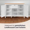 KHG Sideboard 3-türig mit 4 Einlegeboden Landhaus, Schublade Kommode aus Holzwerkstoff weiß foliert, Deckplatte Holzoptik Asteiche foliert, silberne Metall-Griffe, 120 x 90 x 40 cm (B/H/T) Bild 4