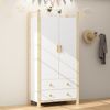 Merax 180CM Kleiderschrank, mit Kleiderstange, 2 Schubladen, für Schlafzimmer, Wohnzimmer, Flurgarderobe geeignet, aus Spanplatte, weiß Bild 3