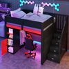 140x200 Gaming-Holz-Hochbett mit Schreibtisch, mehrstufigem Stauraum, LED-Beleuchtung, USB-Ladeanschluss und schwarzer Treppe mit Stauraum, Schwarz + Rot Bild 4