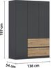 rauch Joel-Extra, Kleiderschrank, 3-türig, 2 Schubladen, push-to-open, mit 2 Kleiderstangen und 2 Einlegeböden, Farbe Grau metallic/Eiche Artisan, BxHxT 136x197x54cm Bild 4