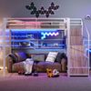 Hochbett mit RGB LED-Streifen, Rausfallschutz, 140x200cm, Treppe mit Regal und Kleiderschrank, Kinderbett, Metallbett Bild 3