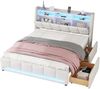 Polsterbett, 140 x 200 cm, Ohne Matratze, APP-Fernbedienung LED-Licht, Bett mit Schubladen mit Steckdosen und USB, Eingebautes Staufach, Leinen, Beige Bild 5