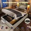 Polsterbett mit LED-Beleuchtung und Stauraum, 90x200 cm, Kopfteil gepolstert, Typ-C, USB, Einzelbett, Leinen Bild 4