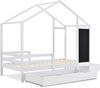 Kinderbett Hausbett 90 x 200 cm, Holzbett mit Tafel und 2 Schubladen, Massivholz mit Zaun und Lattenrost, Weiß (ohne Matratze) Bild 5
