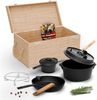 Gusseisen Set 8-teilig in Holzbox – Dutch Oven 4,5 l, Pfanne Ø 26 cm, Saucentopf, Zubehör & Rezeptbuch, ideal für Grill & Outdoor Bild 2