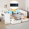 Stauraumbett mit Schreibtisch, LED-Streifen, Lattenrost, Regal, Schubladen, USB und Steckdosen, 90x200cm, Holzbett, Einzelbett Bild 2