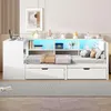 Stauraumbett mit Schreibtisch, LED-Streifen, Lattenrost, Regal, Schubladen, USB und Steckdosen, 90x200cm, Holzbett, Einzelbett Bild 3