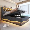 Merax Polsterbett, 140×200cm Doppelbett, mit hydraulischem Stauraum APP-gesteuertes LED-Lichtband USB-Ladeanschluss Metall-Lattenrost Leinenpolsterung Grau Bild 3