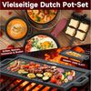 HOMELUX Topf-Set 10/12-tlg. Dutch Oven Set in Holzkiste Kochtopf Grillplatte Stieltopf, Gusseisen (12-tlg, Silikon-Griffhülle, Stapelrost, Deckelheber, Reinigungsgeräte), Gusseisen, vorgebacken, Hitzebeständig bis 280 °C Bild 3