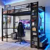 Hochbett mit Schreibtisch, LED-Beleuchtung, Schubladen, Regal, Kleiderstange und Mehrfachsteckdose, 90x200 cm, Metallbett mit Rausfallschutz, Jugendbett Bild 2