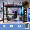 Hochbett mit Schreibtisch, LED-Beleuchtung, Schubladen, Regal, Kleiderstange und Mehrfachsteckdose, 90x200 cm, Metallbett mit Rausfallschutz, Jugendbett Bild 4