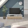 Wohnzimmer-TV-Ständer mit zwei Türen mit Vasistas-Öffnung und zwei kleinen Fächern, weiße Farbe mit eichenfarbenen Türen, Maße 130 x 36 x 40 cm Bild 2