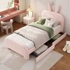 Kinderbett 90x200 Rosa mit Kaninchen-Kopfteil und 2 Schubladen,Gepolstertes Bett aus Lammwolle und MDF, Cartoon Bunny Design Bild 2