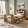 Kinder Einzelbett, Jugendbett mit Stauraum, Bettgestell mit Kopfteilregal, ausziehbarer Schublade und verstellbarem Klapptisch, flexible Schubladenmontage, Naturholzfarbe, 90x200 cm Bild 5