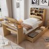 Kinder Einzelbett, Jugendbett mit Stauraum, Bettgestell mit Kopfteilregal, ausziehbarer Schublade und verstellbarem Klapptisch, flexible Schubladenmontage, Naturholzfarbe, 90x200 cm Bild 3