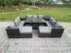 Fimous 11-Sitzer Rattan Gartenmöbel Sofa Set Patio Einstellbarer aufsteigender Esstisch Set mit Beistelltisch 2 Große Fußhocker Dunkelgrau gemischt Bild 2
